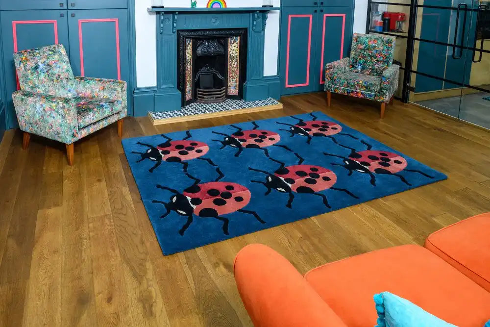 Woven Edge natural world ladybird Blue, Multicoloured, Red Living Room Wool Rug.
