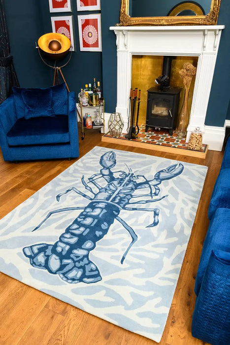 Woven Edge natural world lobster Blue, Grey Living Room Wool Rug.