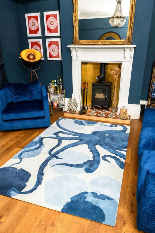 Woven Edge natural world octopus Blue, Navy Living Room Wool Rug.