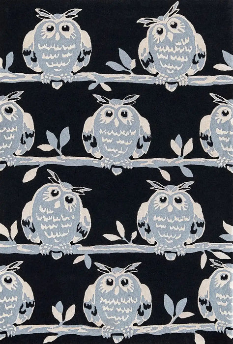 Woven Edge natural world owl Grey, Black Living Room Wool Rug.