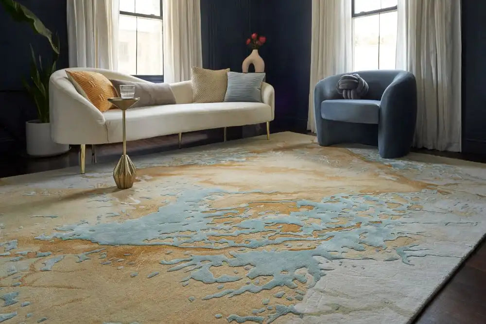 Nourison prismatic prs36 sand blue Brown, Beige Living Room Wool Rug.