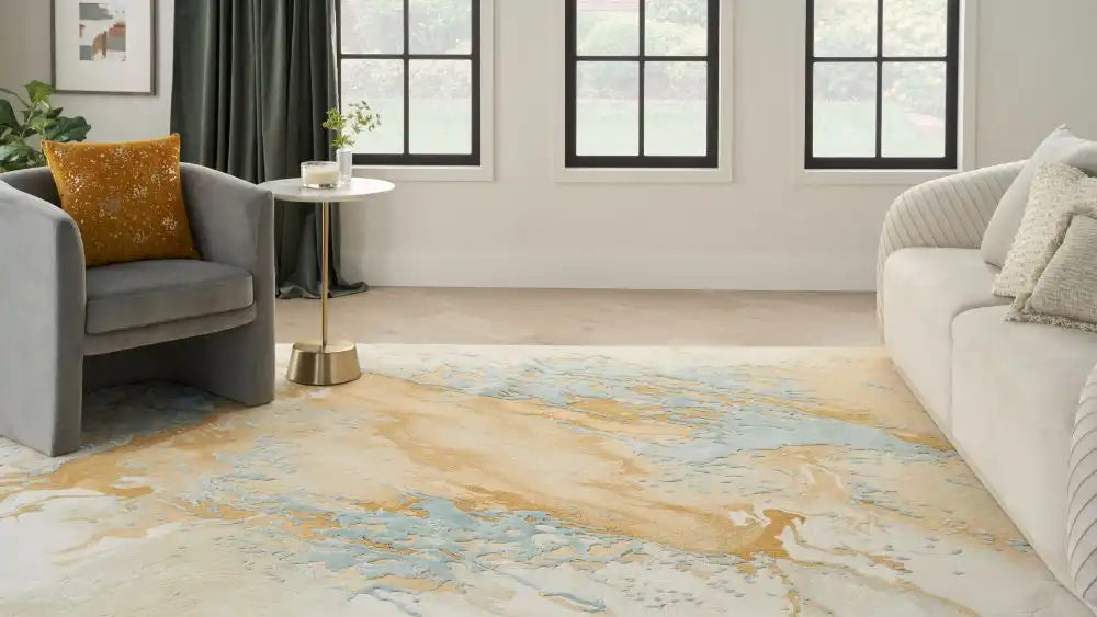 Nourison prismatic prs36 sand blue Brown, Beige Living Room Wool Rug.