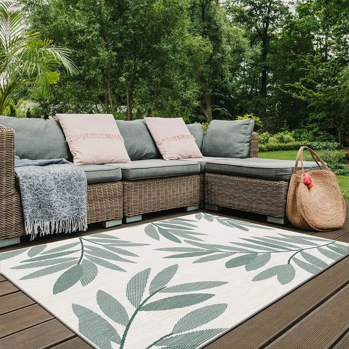 Likewise Matting duo weave indoor outdoor trailing leaves green Green, Ivory Outdoor  Flat Weave Rug.