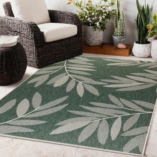 Likewise Matting duo weave indoor outdoor trailing leaves green Green, Ivory Outdoor  Flat Weave Rug.