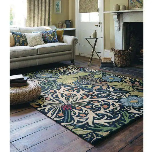 Morris & Co seaweed ink 28008 Blue, Multicoloured Living Room Wool Rug.