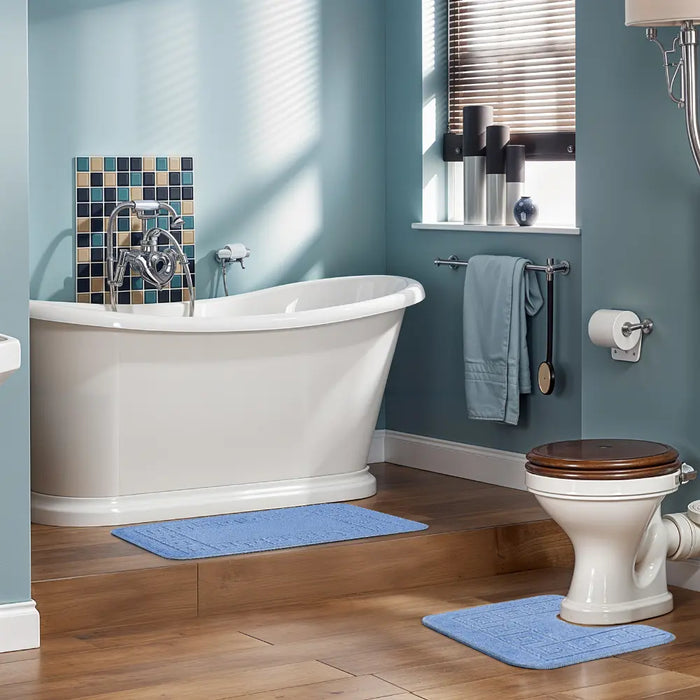 POPPY Piece Machine Washable Non-Slip Blue Bathroom Rug Set Blue