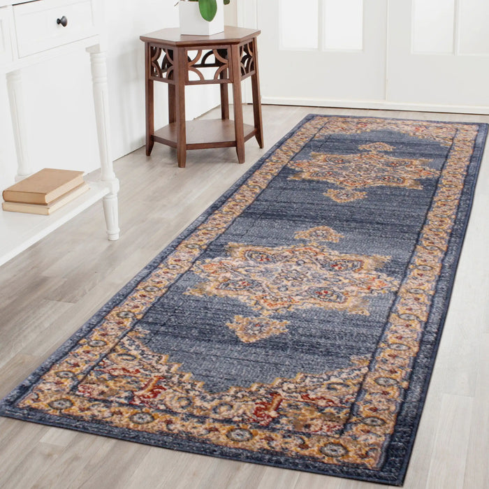URCO orient urco 8917 navy Blue, Multicoloured, Navy Living Room Moroccan Rug.